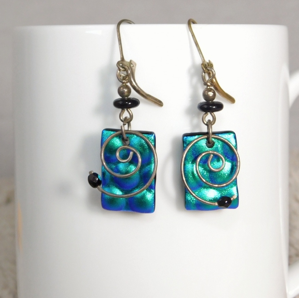 Iridescent boho blue, silver drop earrings